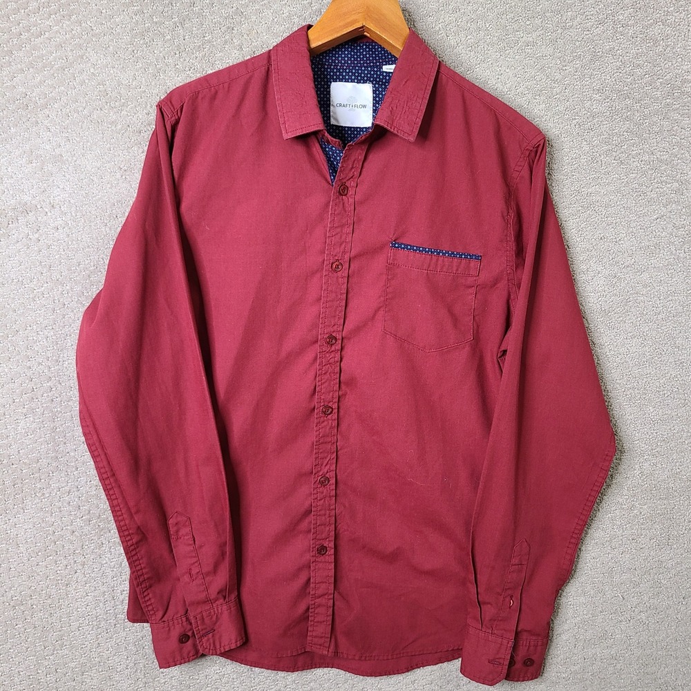 Craft+Flow Shirt Mens Medium Red Button Down Pocket Long Sleeve Cotton Blend